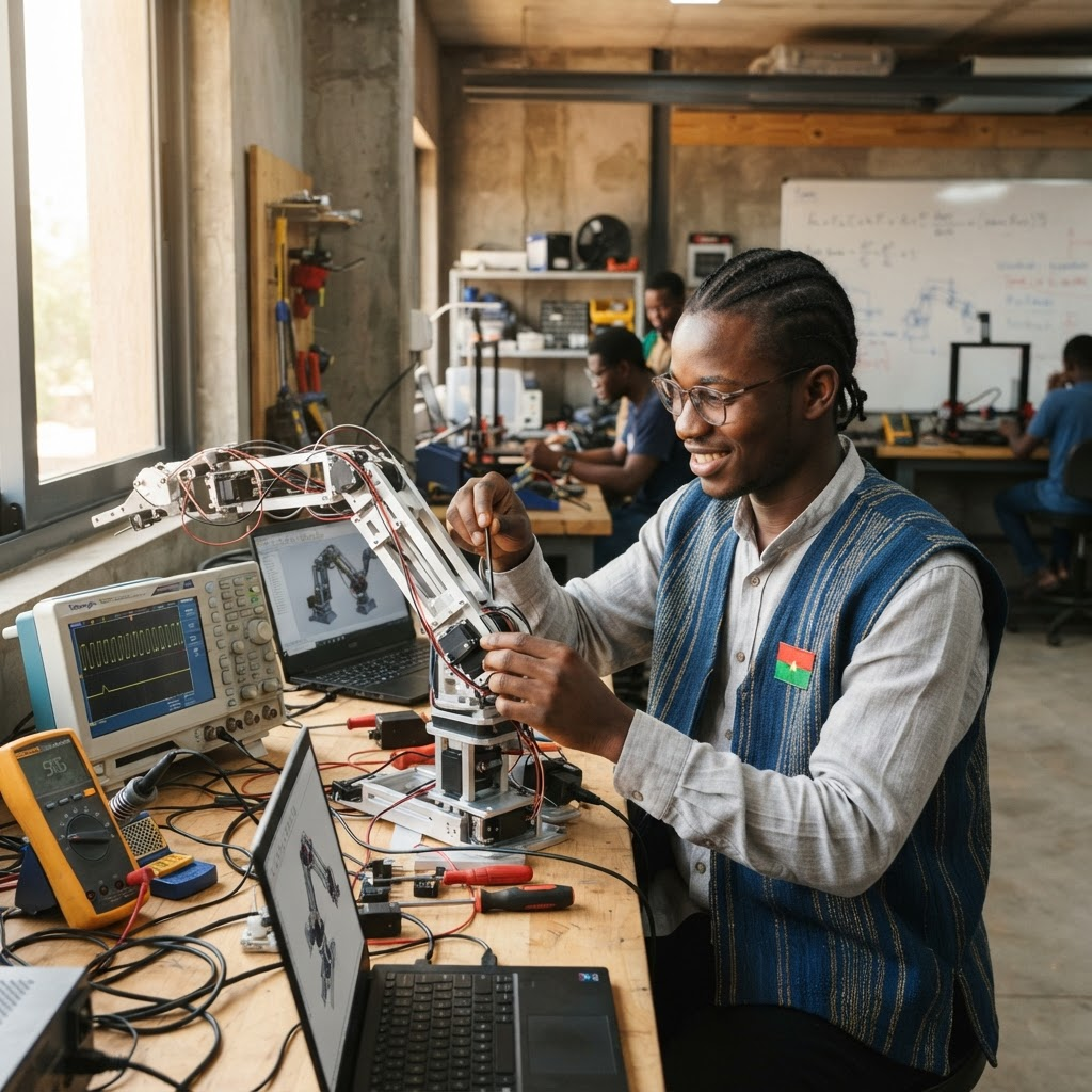Jeune ingénieur burkinabè en Faso Dan Fani dans un laboratoire d’électromécanique