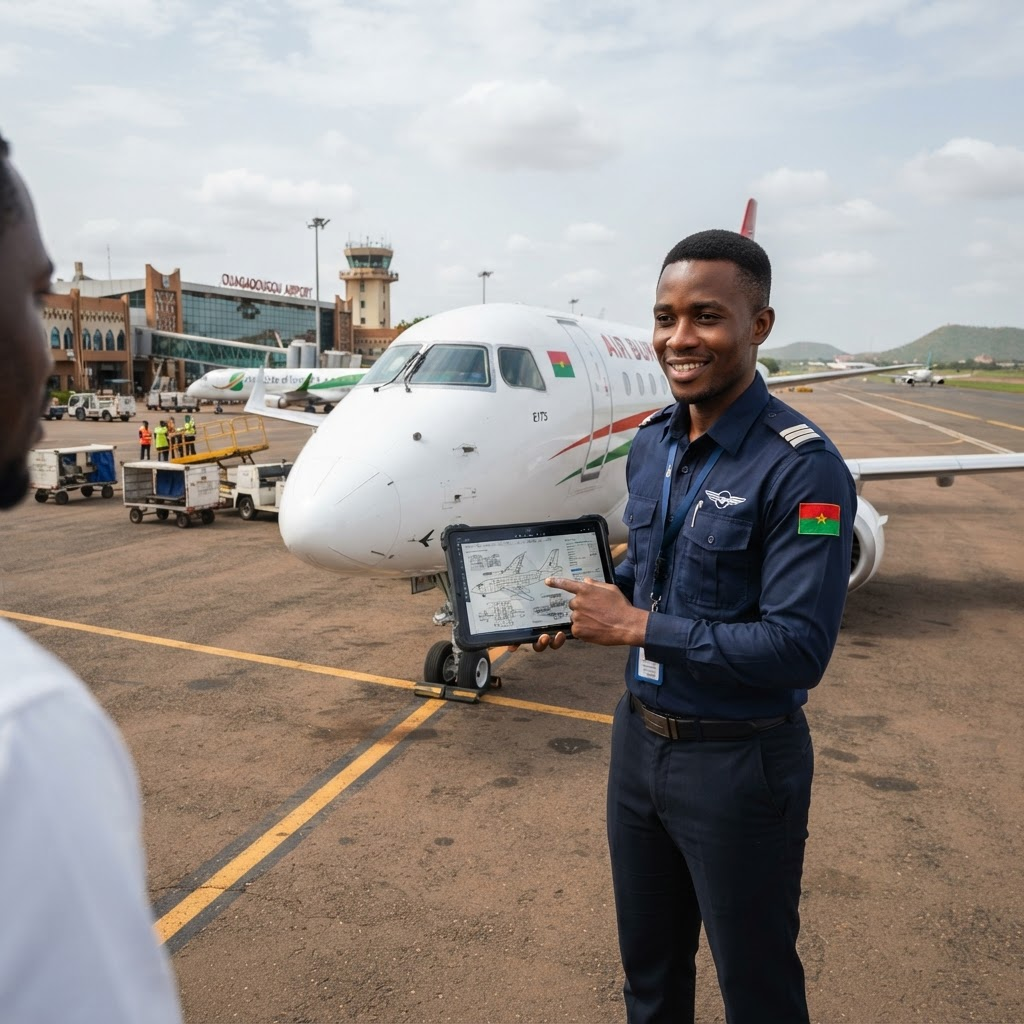 Ingénieur aéronautique burkinabè devant un avion