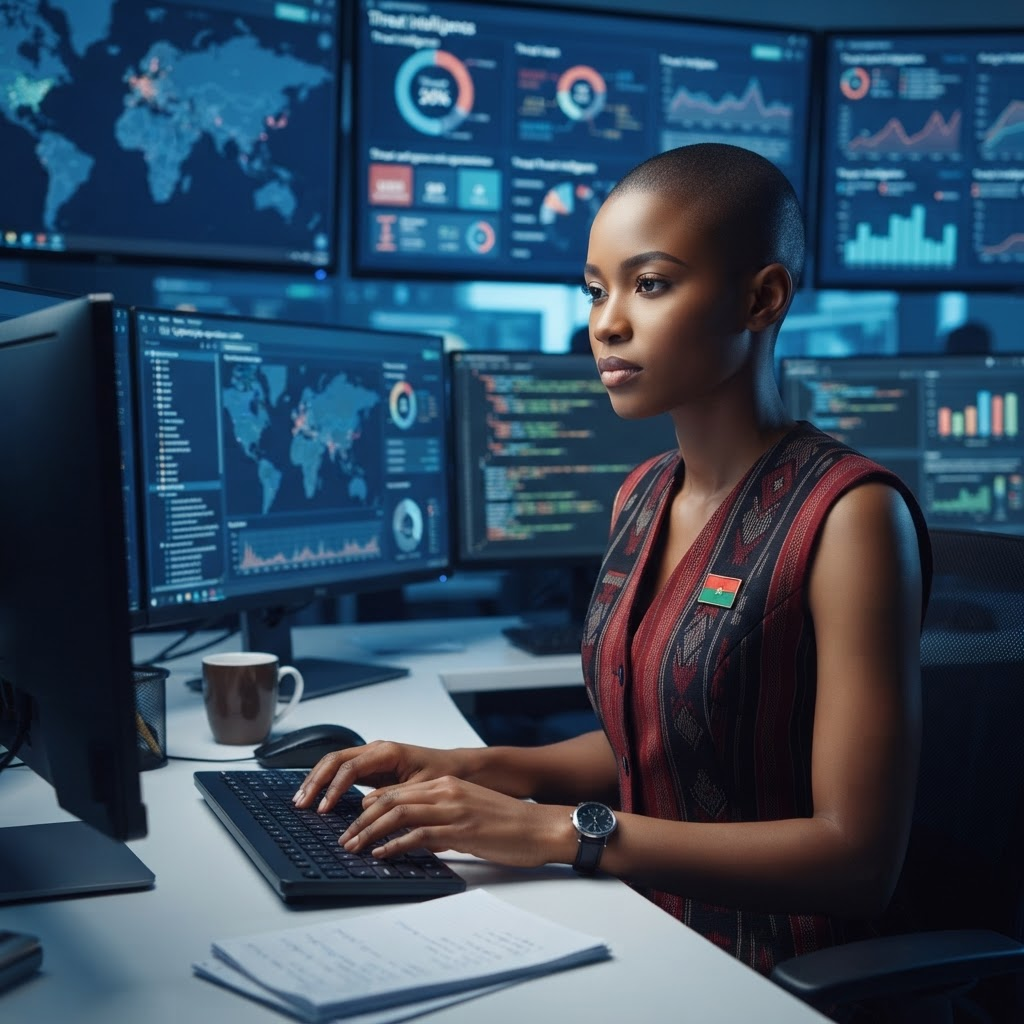 Analyste burkinabè à la coiffure courte dans une interface de cybersécurité