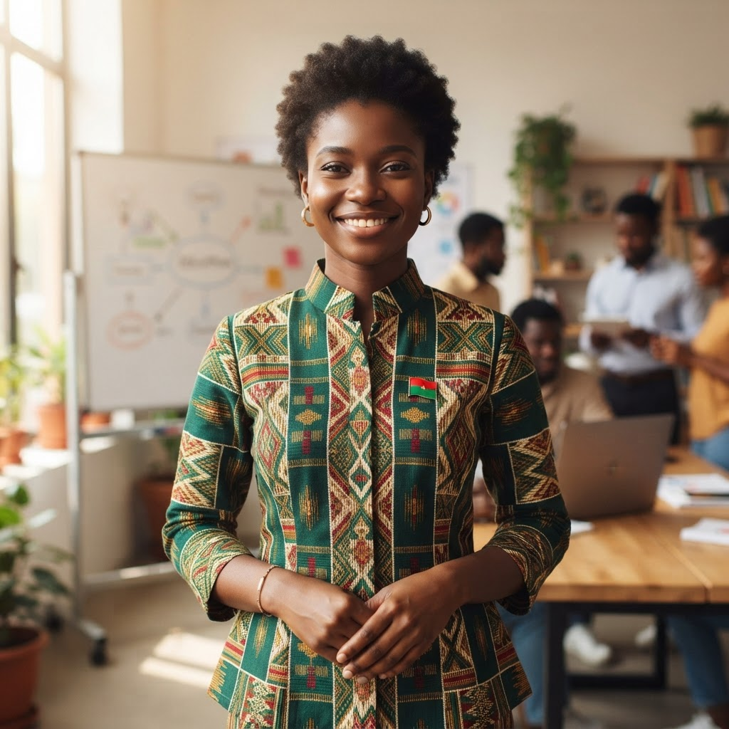 Tuteur burkinabè en tenue traditionnelle devant un tableau interactif