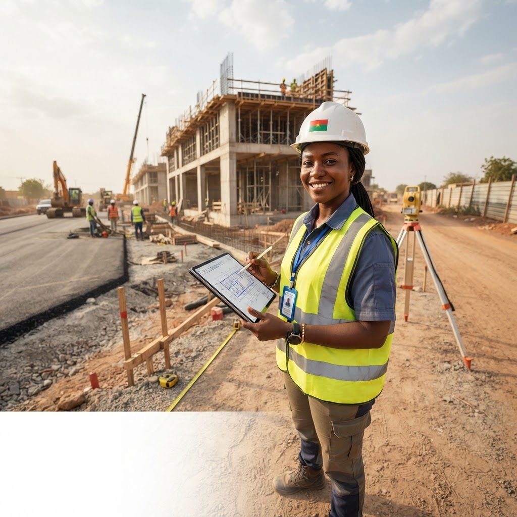 Ingénieur génie civil burkinabè avec casque sur un chantier BTP