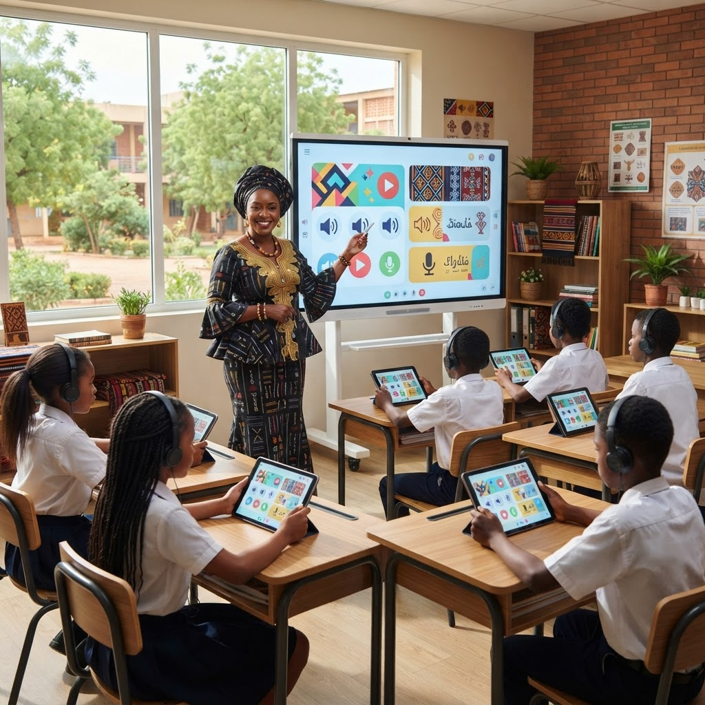 Enseignante burkinabè dans une classe numérique