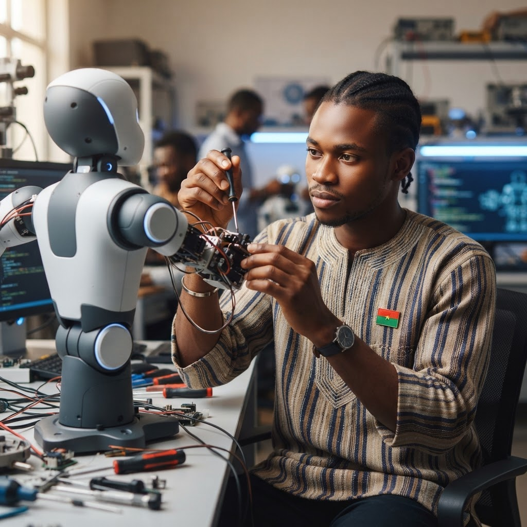 Jeune ingénieur burkinabè en Faso Dan Fani avec drapeau du Burkina Faso travaillant sur un robot humanoïde