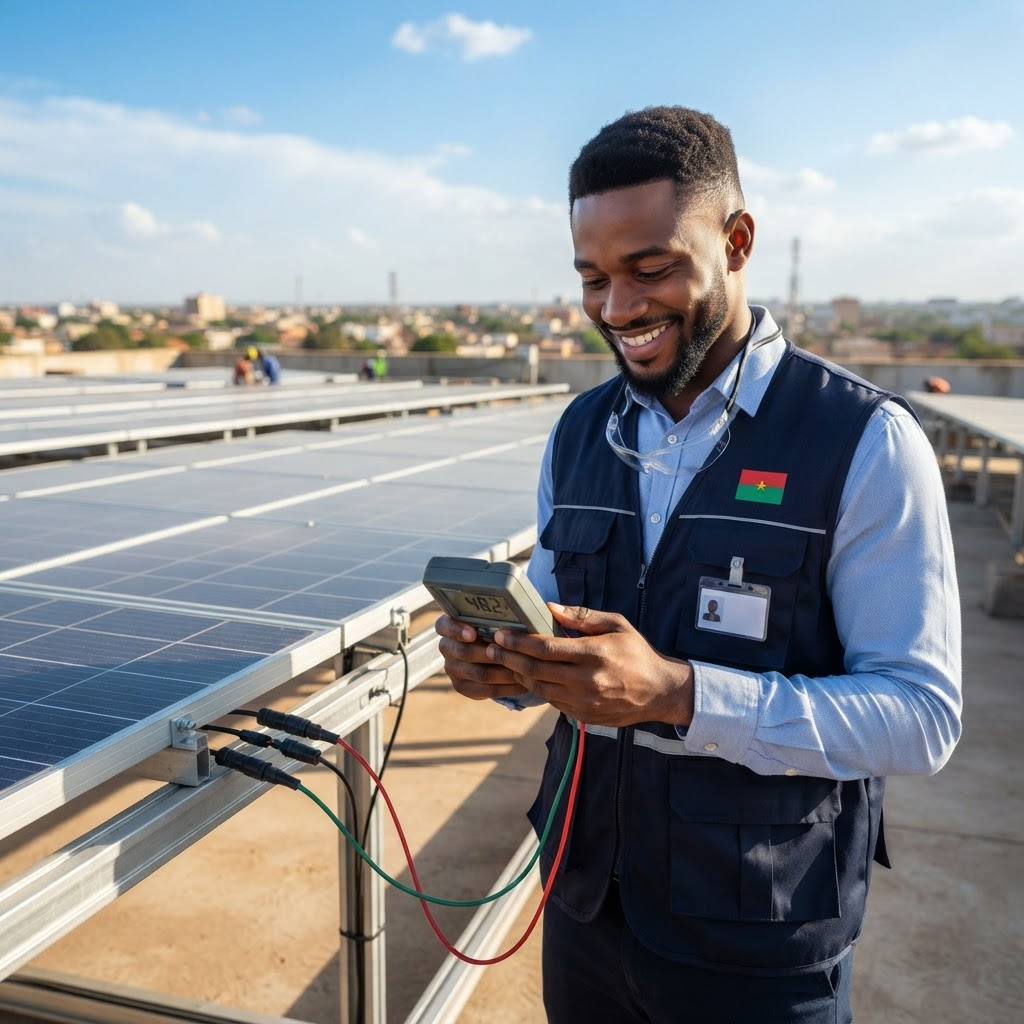 Ingénieur solaire burkinabè avec badge du drapeau du Burkina Faso inspectant des panneaux solaires